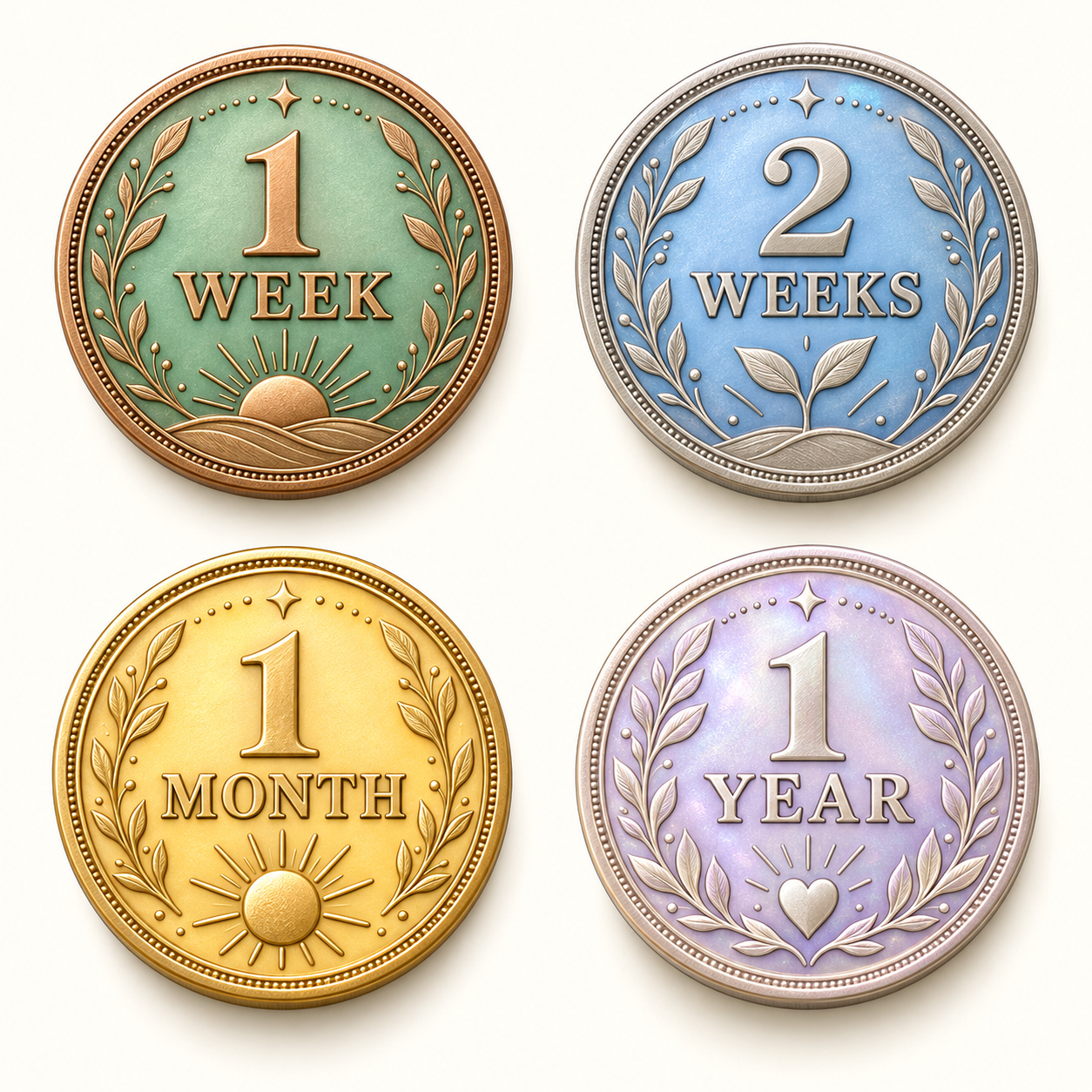 Collectible one-week, two-week, one-month, and one-year Steady milestone coins